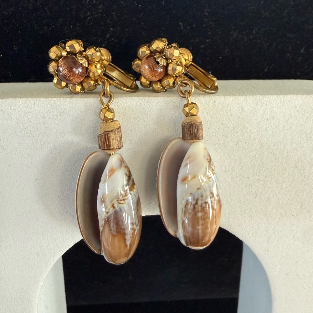 Rare Vintage Haskell Gold-Tone Brown Shell Dangle Earrings